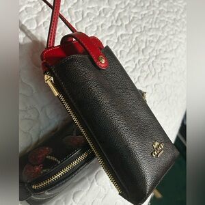 Coach Logo Crossbody Bag Brown Red Adjustable Strap Gold Hardware